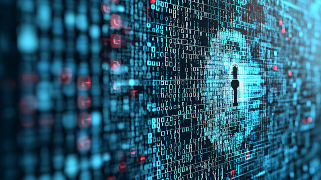 A digital padlock icon displayed on a computer monitor, surrounded by encrypted code, representing high-level data security, with clean copy space for additional text.