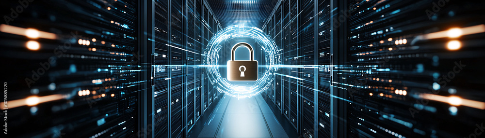 Poster a digital padlock floats in front of a rack of servers, representing the security of data in cloud e