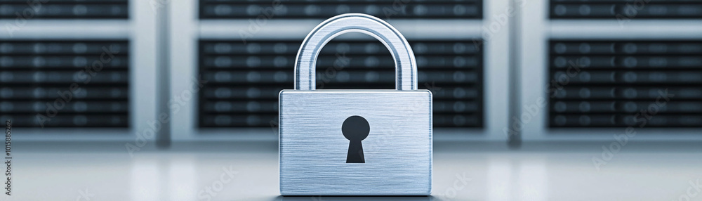 Poster a digital padlock floats in front of a rack of servers, representing the security of data in cloud e