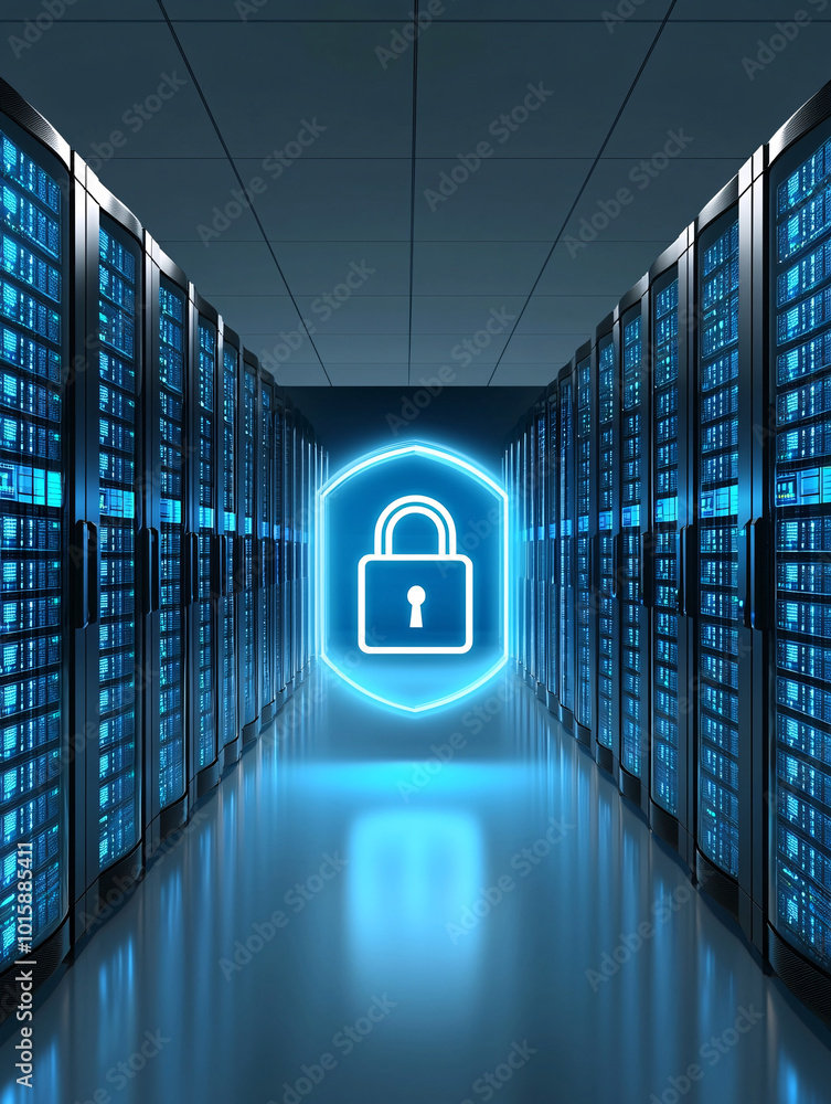 Poster a server room with a glowing digital padlock icon hovering in the foreground, illustrating data secu