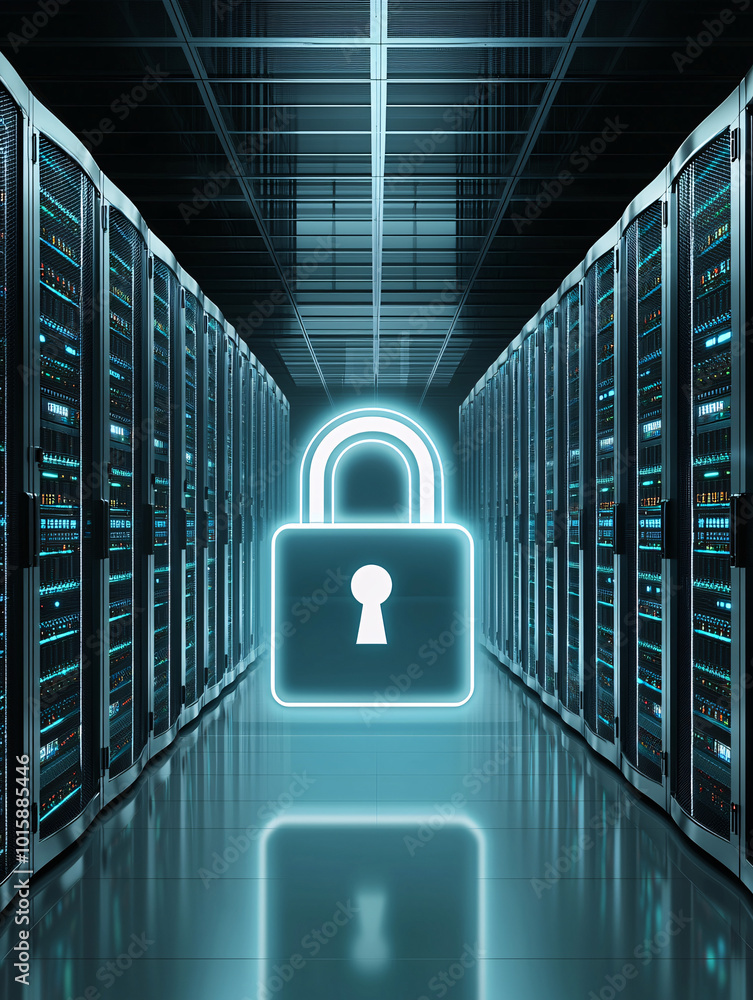 Poster a server room with a glowing digital padlock icon hovering in the foreground, illustrating data secu