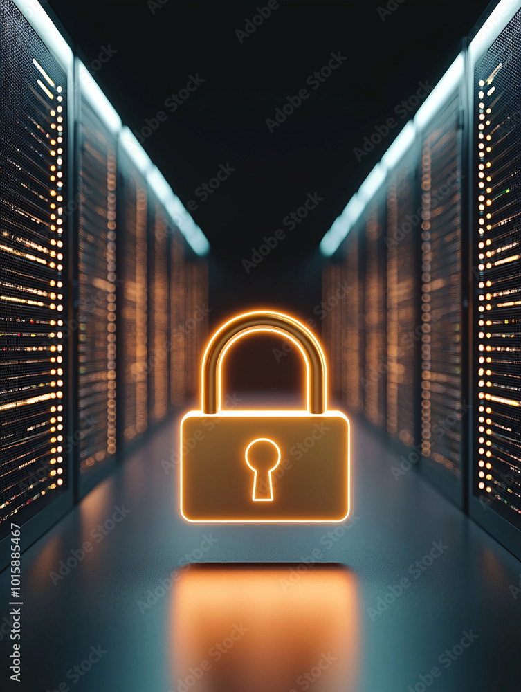 Poster a server room with a glowing digital padlock icon hovering in the foreground, illustrating data secu