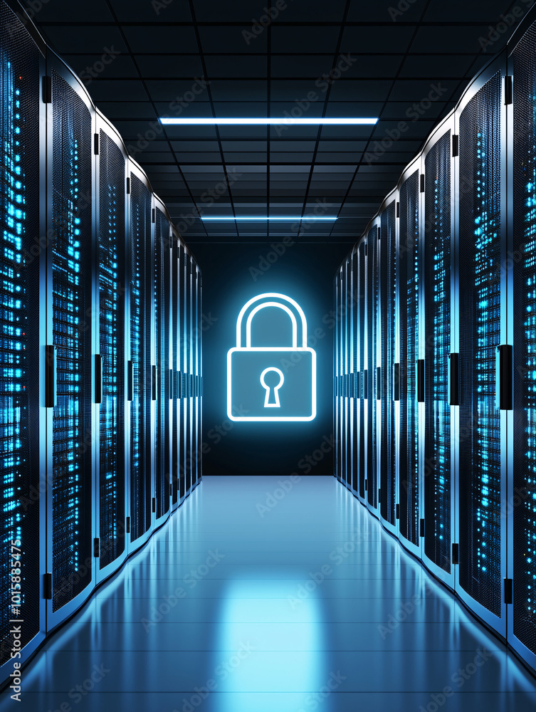 Poster a server room with a glowing digital padlock icon hovering in the foreground, illustrating data secu
