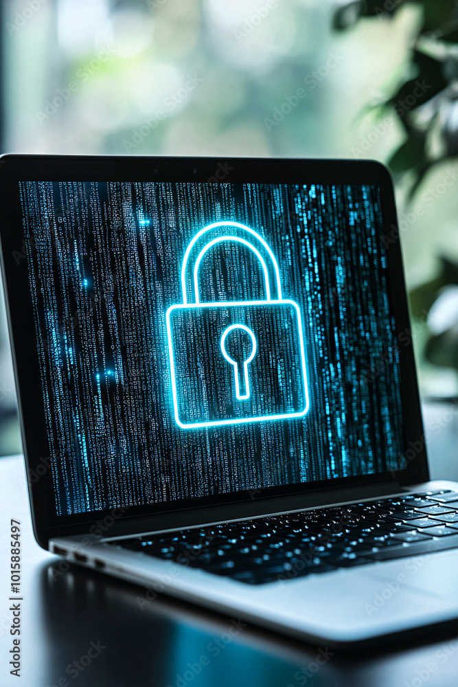 Poster a business desk with a laptop featuring a digital padlock on the screen, representing data protectio