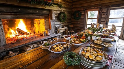 Festive Christmas Dinner Table Setting in Rustic Cabin Interior