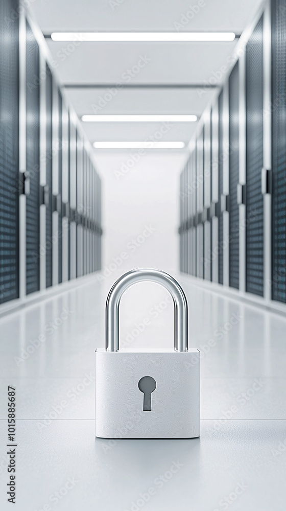 Poster a cyber security image showing a digital padlock in front of a server room, representing protection 