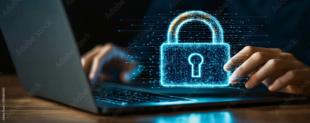 Poster a laptop on a desk displays a glowing digital padlock symbol, representing secure networks and cyber
