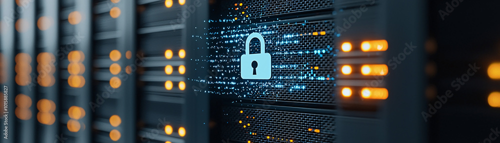 Poster a close-up of a server rack with a floating digital padlock icon, highlighting data protection measu
