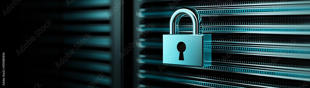 Poster a close-up of a server rack with a floating digital padlock icon, highlighting data protection measu