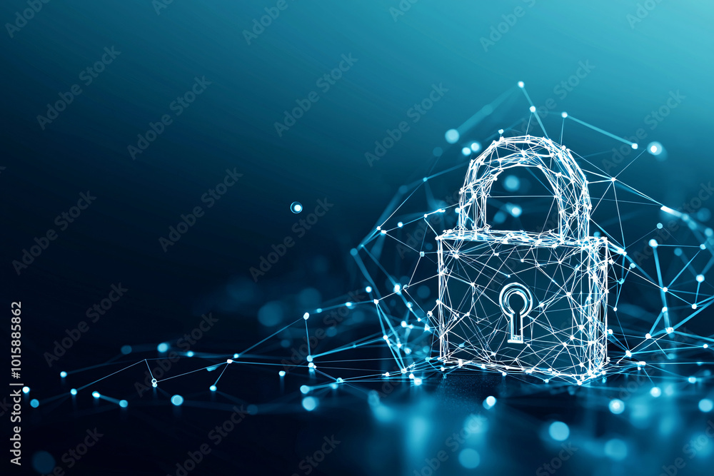 Poster a minimalistic cyber security concept showing a digital padlock on a computer screen, with abstract 