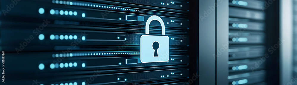 Poster a close-up of a server rack with a floating digital padlock icon, highlighting data protection measu