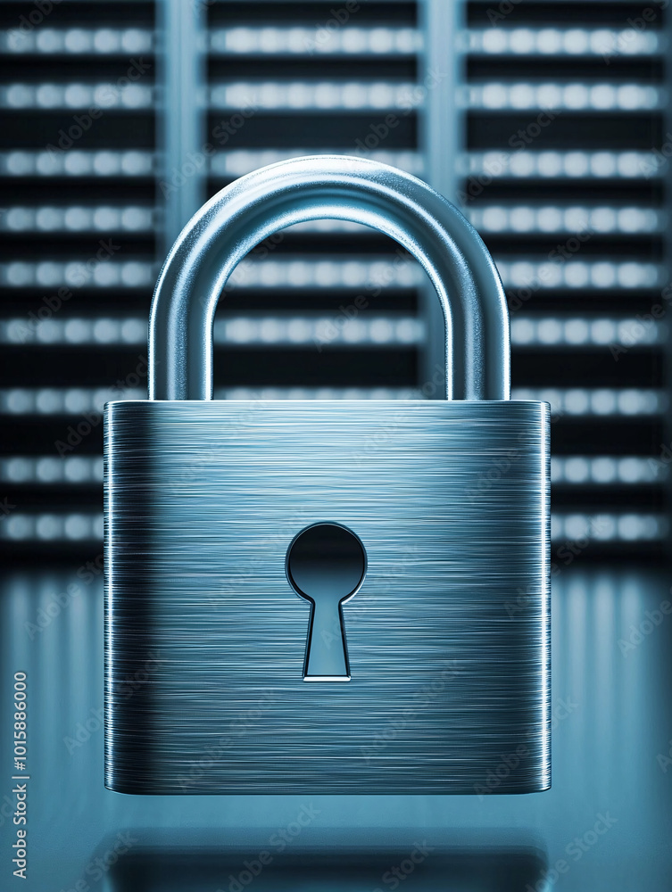 Poster a futuristic digital padlock hovering in front of server equipment, representing data protection and