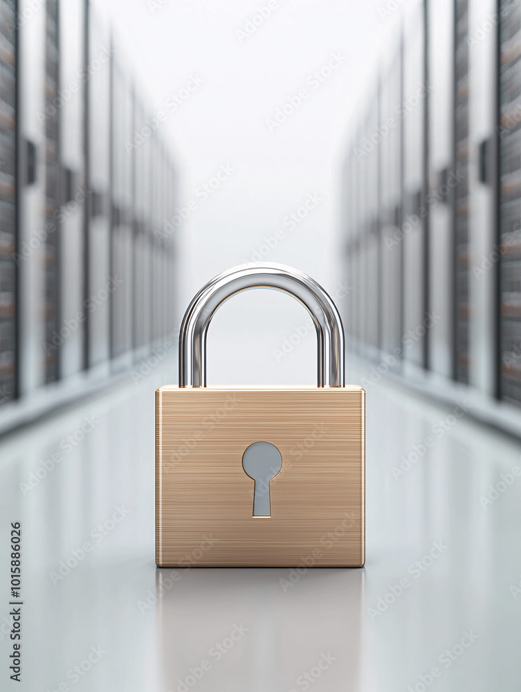 Poster a futuristic digital padlock hovering in front of server equipment, representing data protection and