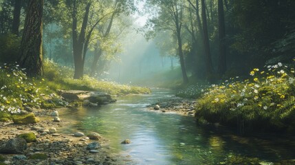 Obraz premium A misty morning in a lush green forest with a clear stream flowing through it. The sun is shining through the trees, creating a magical atmosphere.