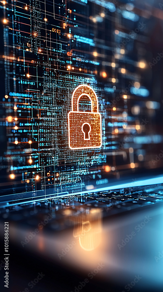 Poster a laptop displays a digital padlock, surrounded by encrypted code, symbolizing data protection, with