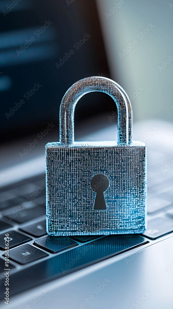 Poster a laptop displays a digital padlock, surrounded by encrypted code, symbolizing data protection, with