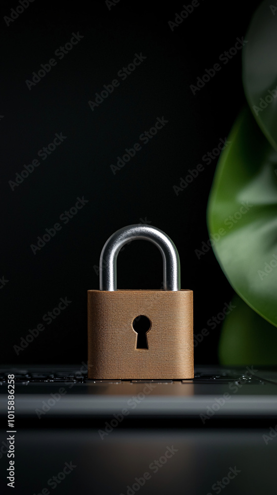 Poster a laptop displays a digital padlock, surrounded by encrypted code, symbolizing data protection, with