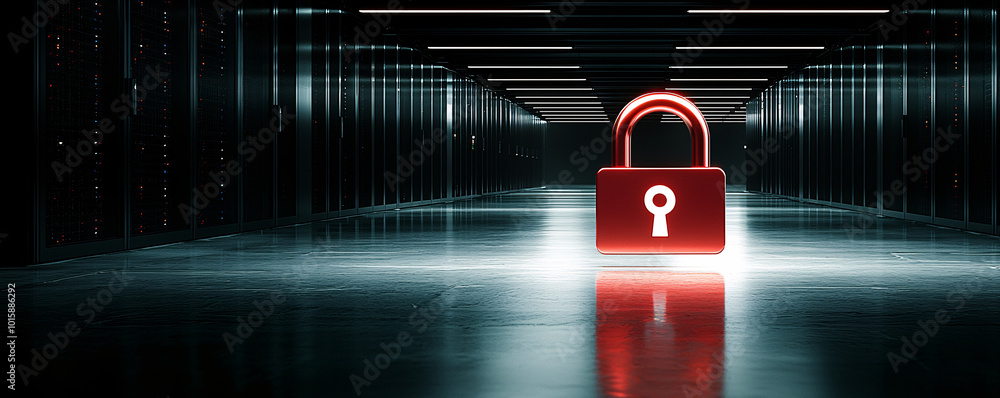 Poster a server room with a floating digital padlock icon in the foreground, representing secure data stora