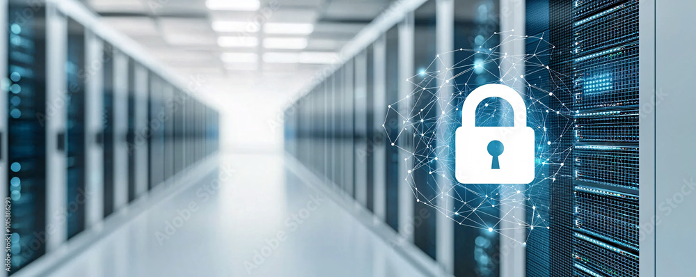 Poster a server room with a floating digital padlock icon in the foreground, representing secure data stora