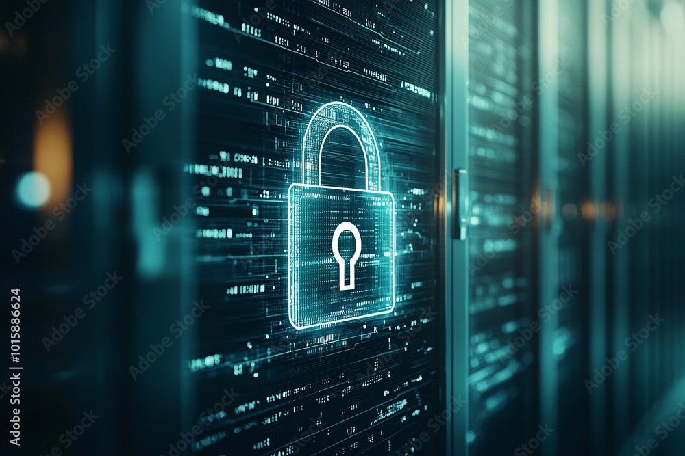 Aufkleber a server rack and a glowing digital padlock icon, representing advanced cyber security measures, wit