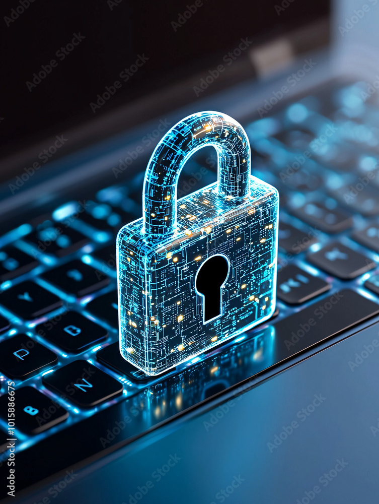 Poster a futuristic digital padlock hovering over a laptop screen, symbolizing secure data and cyber securi