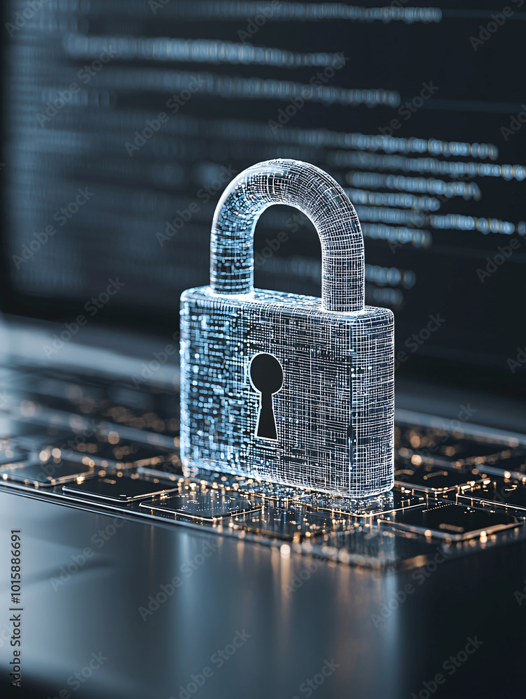 Poster a futuristic digital padlock hovering over a laptop screen, symbolizing secure data and cyber securi