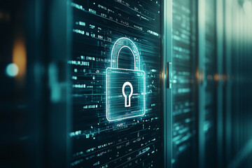 A server rack and a glowing digital padlock icon, representing advanced cyber security measures, with significant copy space available for branding or messaging.