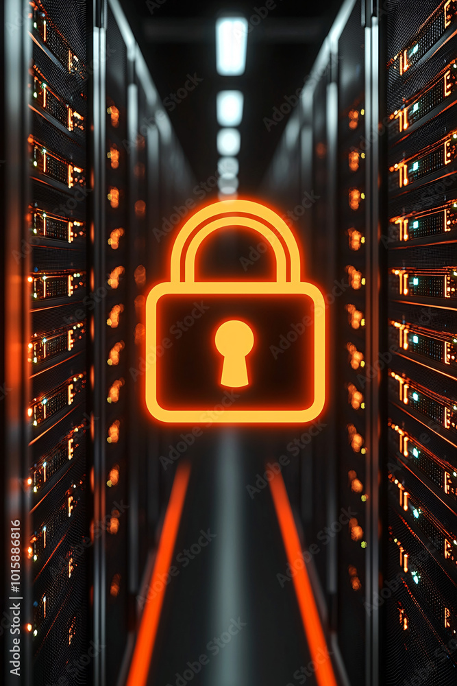 Poster a server room with a glowing digital padlock icon floating in front of the servers, representing hig