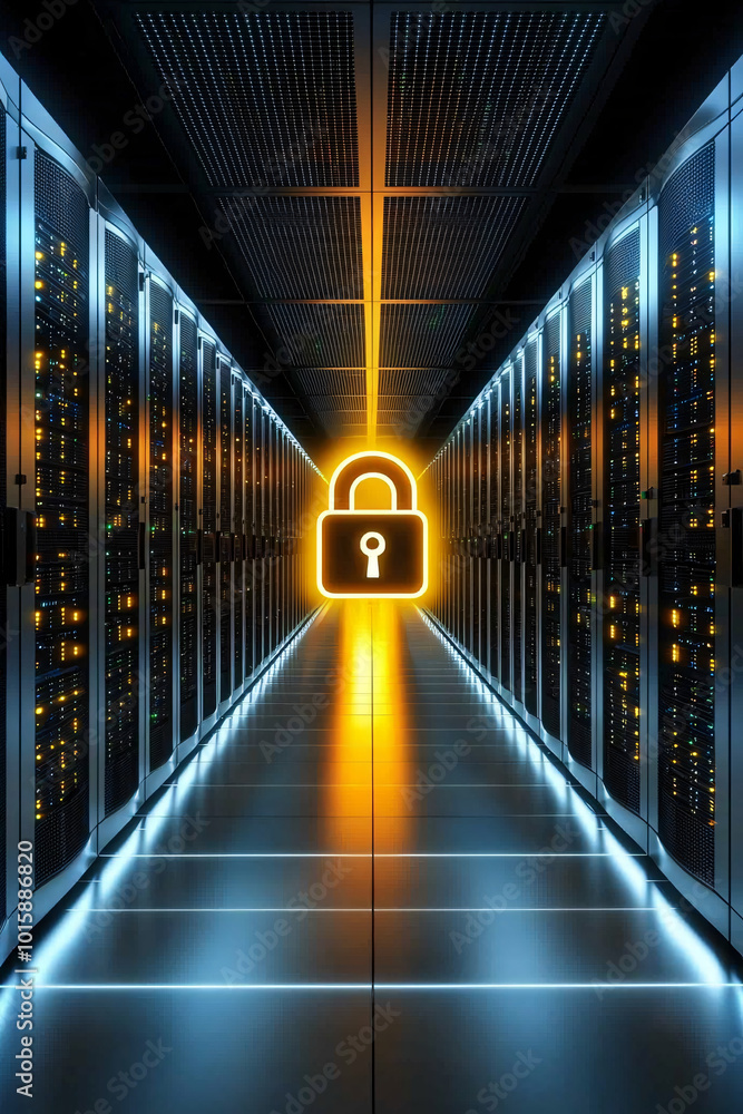 Poster a server room with a glowing digital padlock icon floating in front of the servers, representing hig