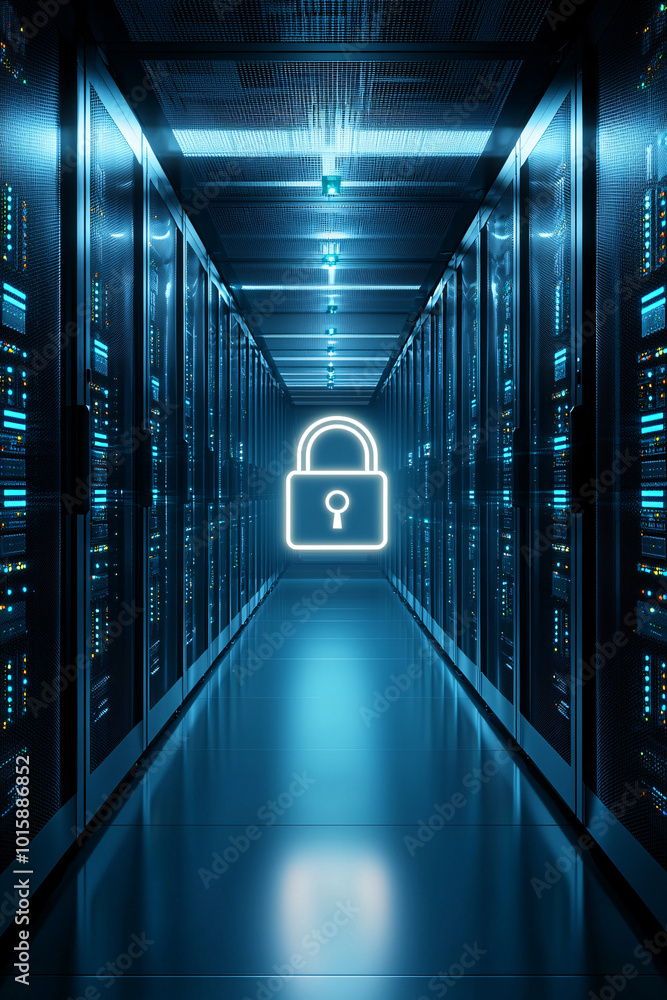 Poster a server room with a glowing digital padlock icon floating in front of the servers, representing hig