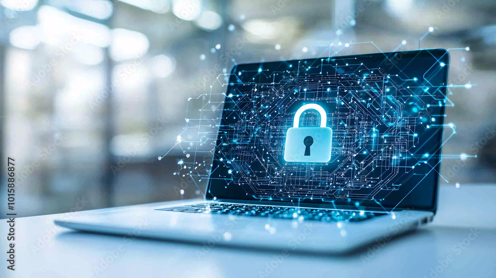 Poster a business desk with a laptop displaying a digital padlock symbol, representing secure data transfer