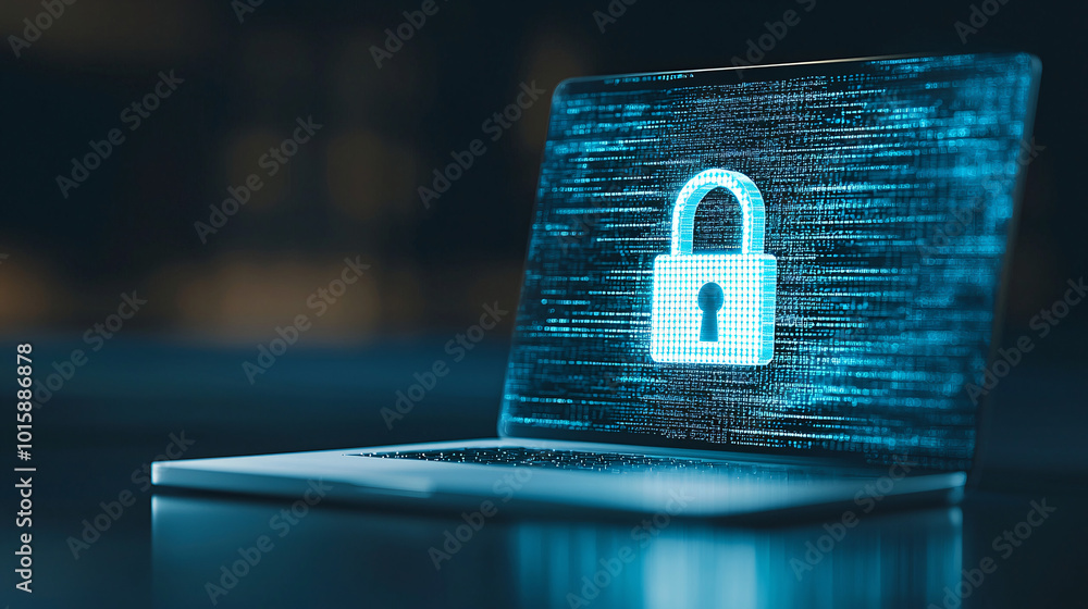 Poster a business desk with a laptop displaying a digital padlock symbol, representing secure data transfer