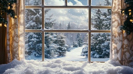 Modern residential window view of snowy background,Snowy glittering winter landscape with space for products and decorations,Happy christmas time,snowfall,snow landscape,copy space.