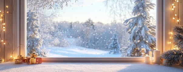 Modern residential window view of snowy background,Snowy glittering winter landscape with space for products and decorations,Happy christmas time,snowfall,snow landscape,copy space.