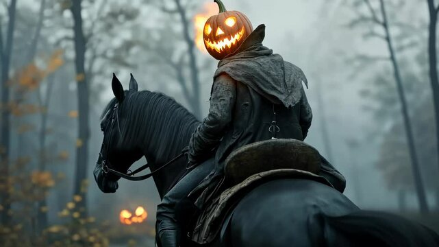 Halloween rider: a mysterious figure atop a black horse, glowing pumpkin, galloping , capturing the essence of spooky tradition and legend in a haunting visual scene