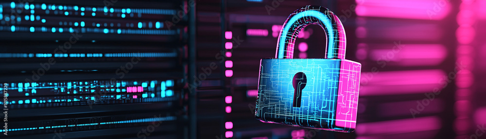 Poster a futuristic cyber security concept showing a digital padlock floating in front of a server room, re