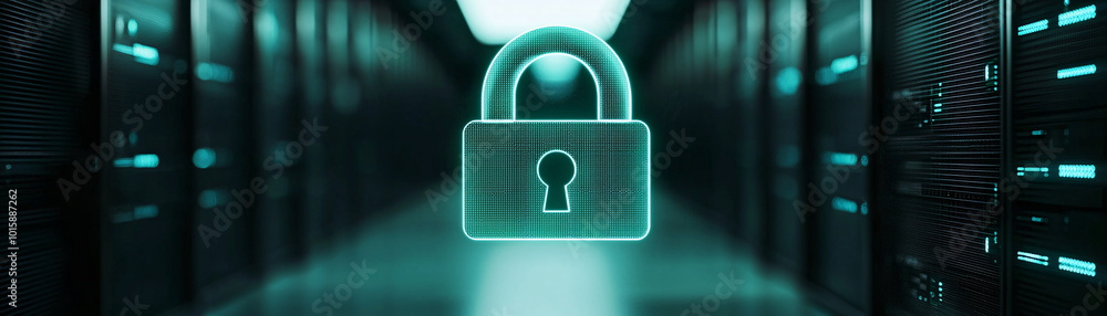 Poster a futuristic cyber security concept showing a digital padlock floating in front of a server room, re