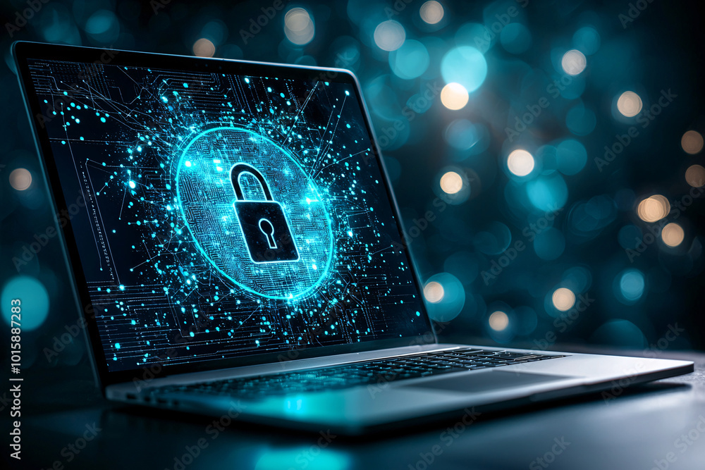 Poster a laptop displaying a digital padlock surrounded by coding symbols, symbolizing secure computing and