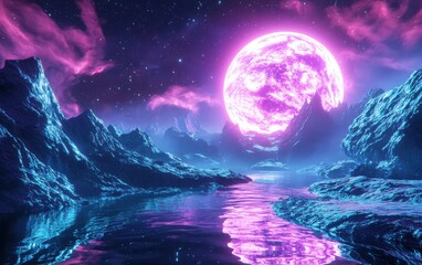A stunning 3D rendering of a sci-fi landscape featuring a neon-lit cold planet set against a backdrop of a vast galaxy. Reflective water enhances the scene,