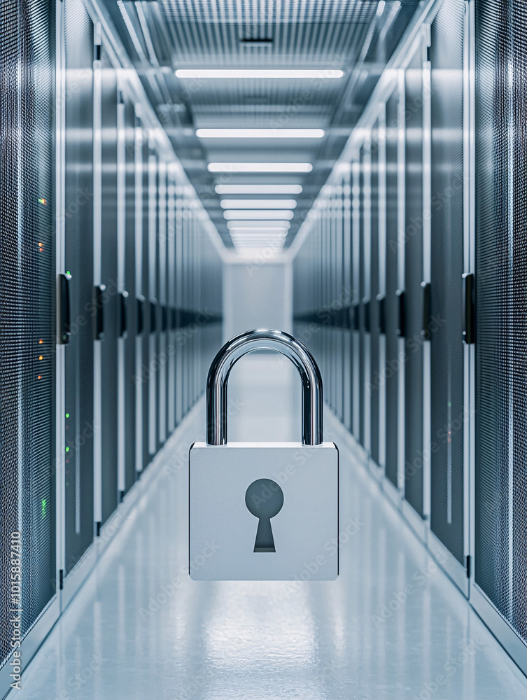 Poster a modern server room with a floating digital padlock icon in the foreground, highlighting data secur