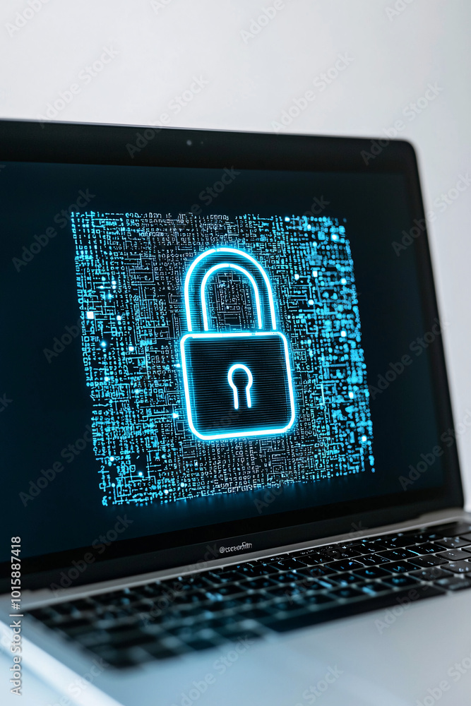 Poster a close-up of a digital padlock displayed on a laptop screen, symbolizing online security and data p