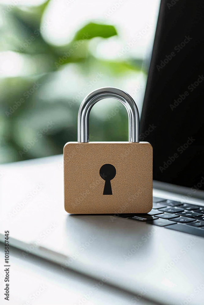 Poster a close-up of a digital padlock displayed on a laptop screen, symbolizing online security and data p