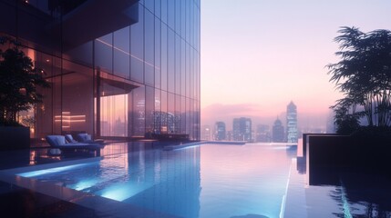 A rooftop pool with lounge chairs overlooking a city skyline at sunset.