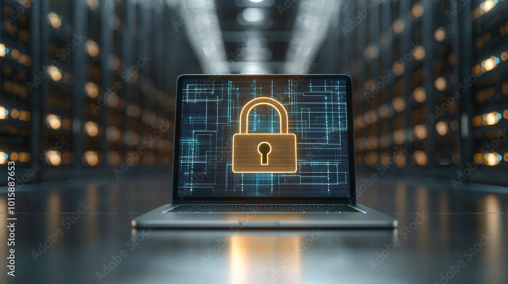Poster a digital padlock displayed on a laptop screen, symbolizing cyber security and data protection, with