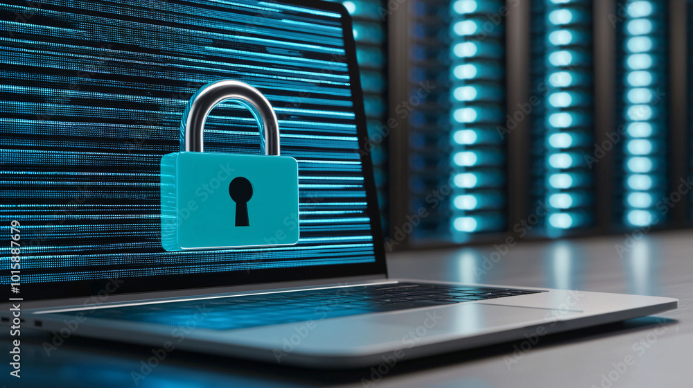Poster a digital padlock displayed on a laptop screen, symbolizing cyber security and data protection, with