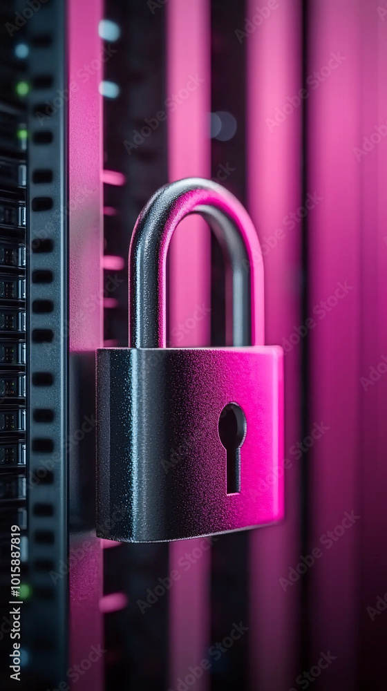 Poster a close-up of a glowing digital padlock icon on a computer screen, with server equipment and network