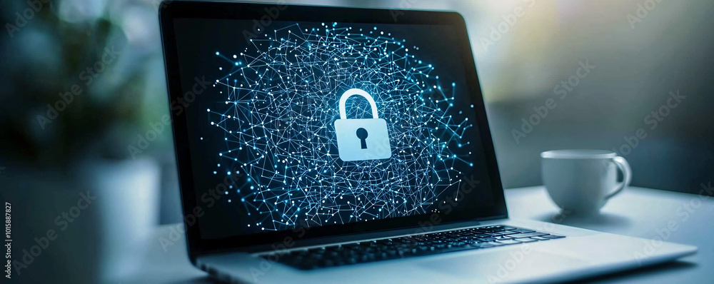 Aufkleber a laptop computer on a desk with a digital padlock icon displayed on the screen, symbolizing cyber s