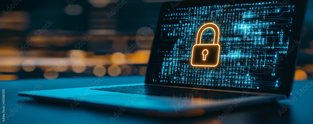 Poster a laptop computer on a desk with a digital padlock icon displayed on the screen, symbolizing cyber s
