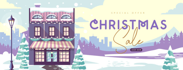 Christmas big sale holiday banner or poster with house, winter landscape, city, forest and mountains. Christmas background. Flat design. Vector illustration