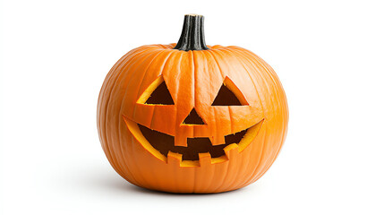 Fototapeta premium Jack-o'-lantern pumpkin with a cheerful expression on a white background.